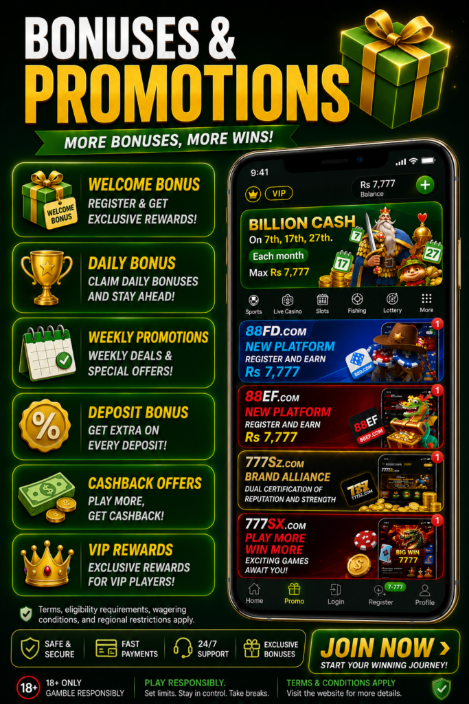 Overview of welcome, daily, weekly, deposit, cashback, and VIP bonuses and promotions